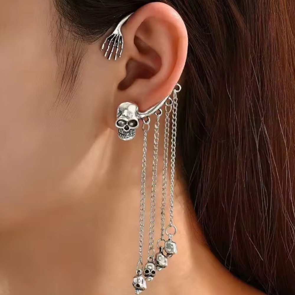Gothic Skull Chain Ear Cuff Earring Silver Punk Statement Jewelry